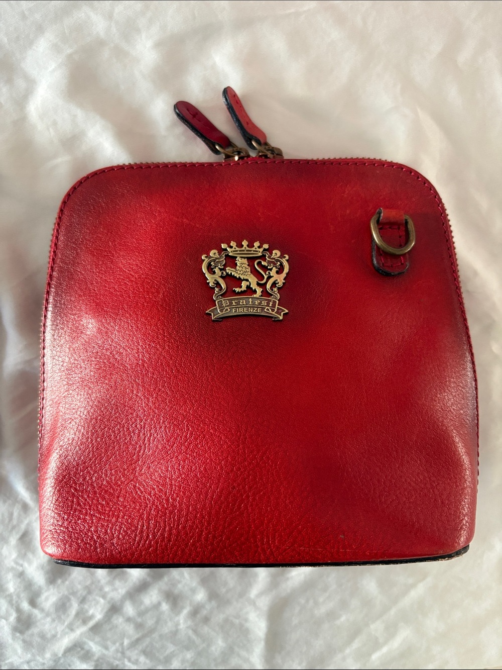 Pratesi FIRENZE Red Leather Crossbody Satchel with Crest Emblem